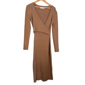 ASTR The Label Women's Ribbed Knit Long Sleeve Midi Wrap Dress Camel Size XL